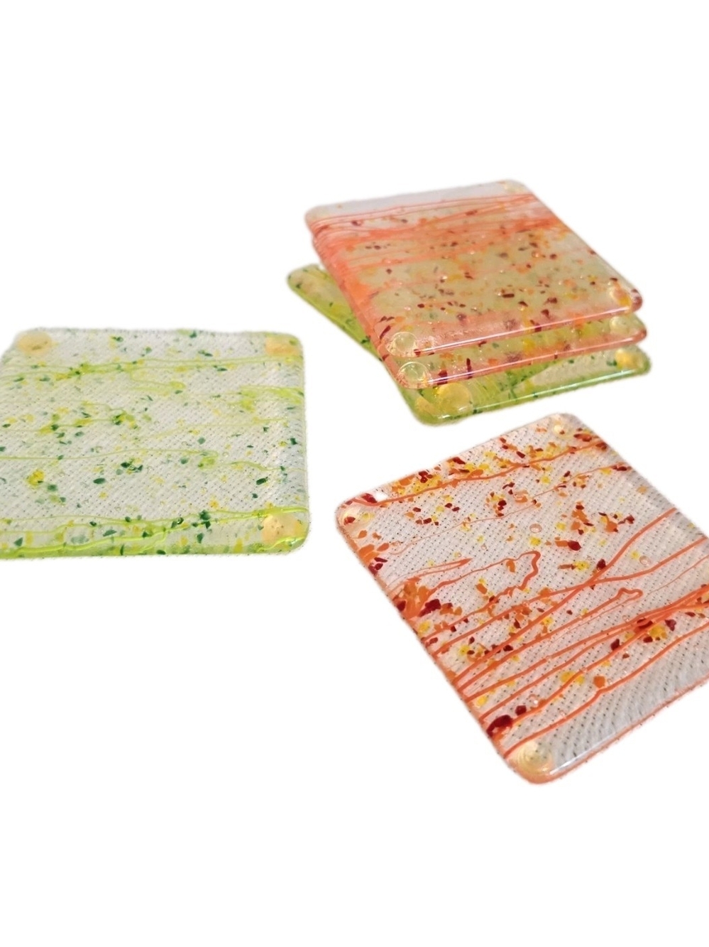 Fused Glass Coasters Clear Green Orange Vibrant Abstact Flower Set Of 6